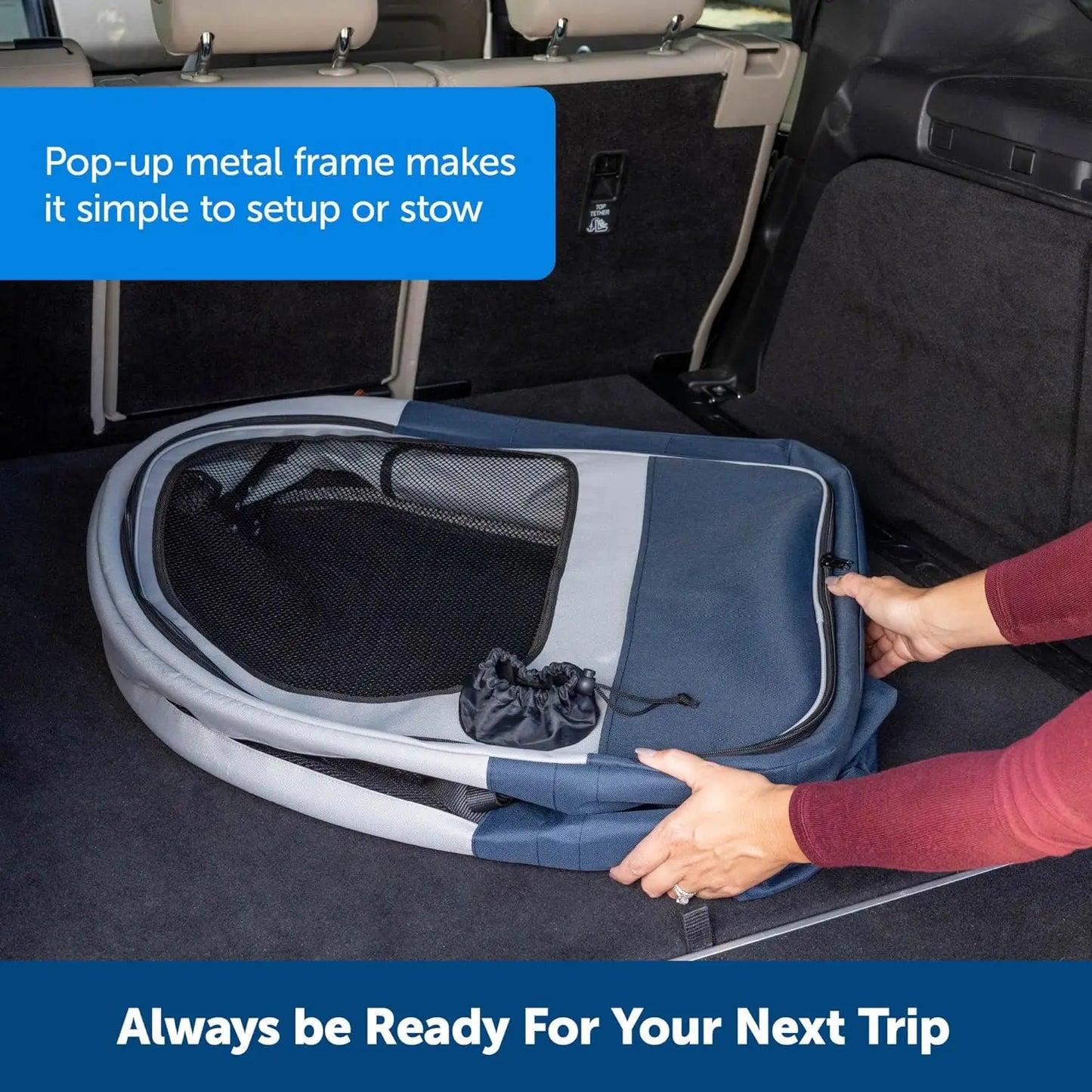 Portable Pet Crate for Car, Folds Down for Storage, Secures with Headrest Strap and Seatbelt,