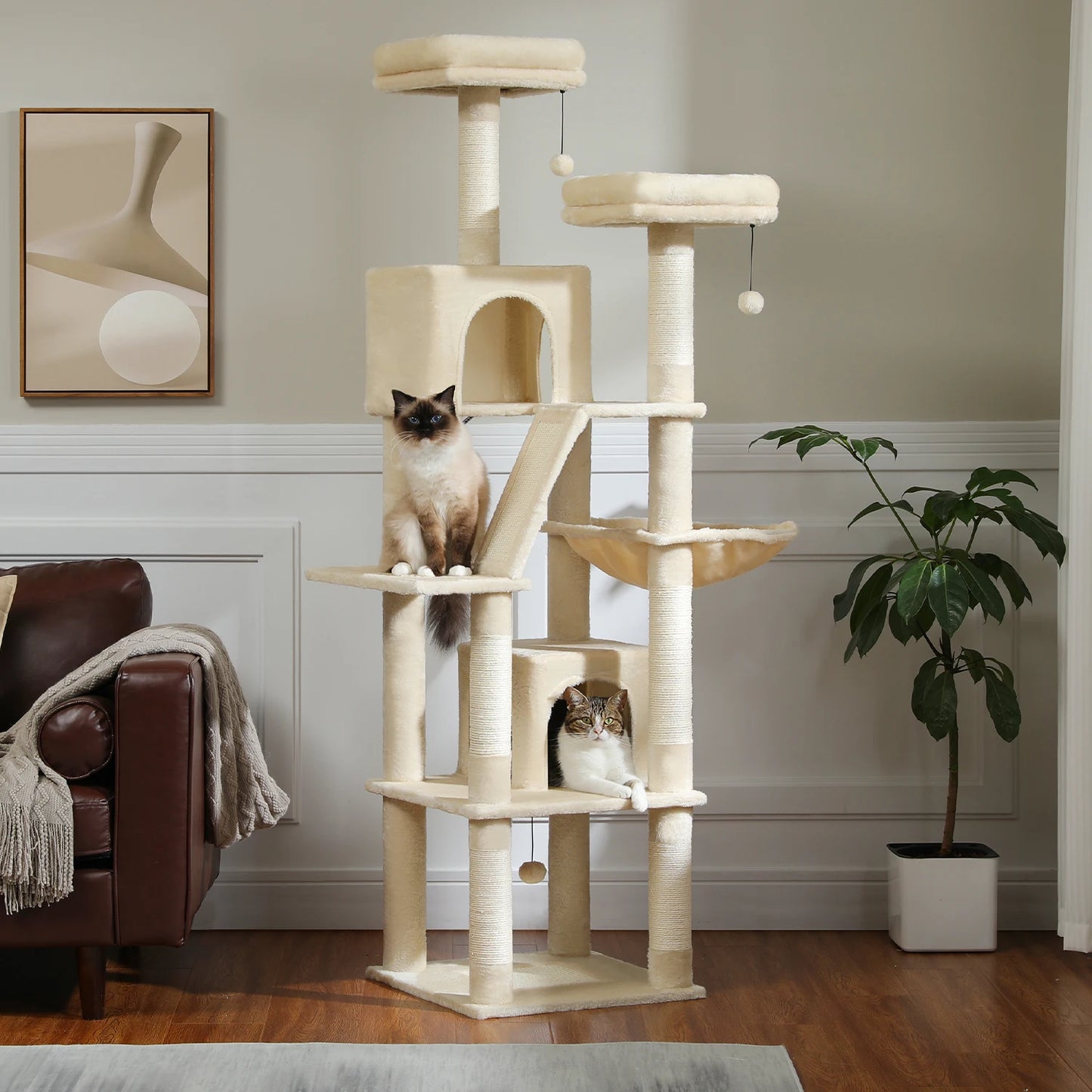 Tall Cat Tower for Indoor Cats, Multi-Level Plush Condo with Scratching Posts, Perches, Caves