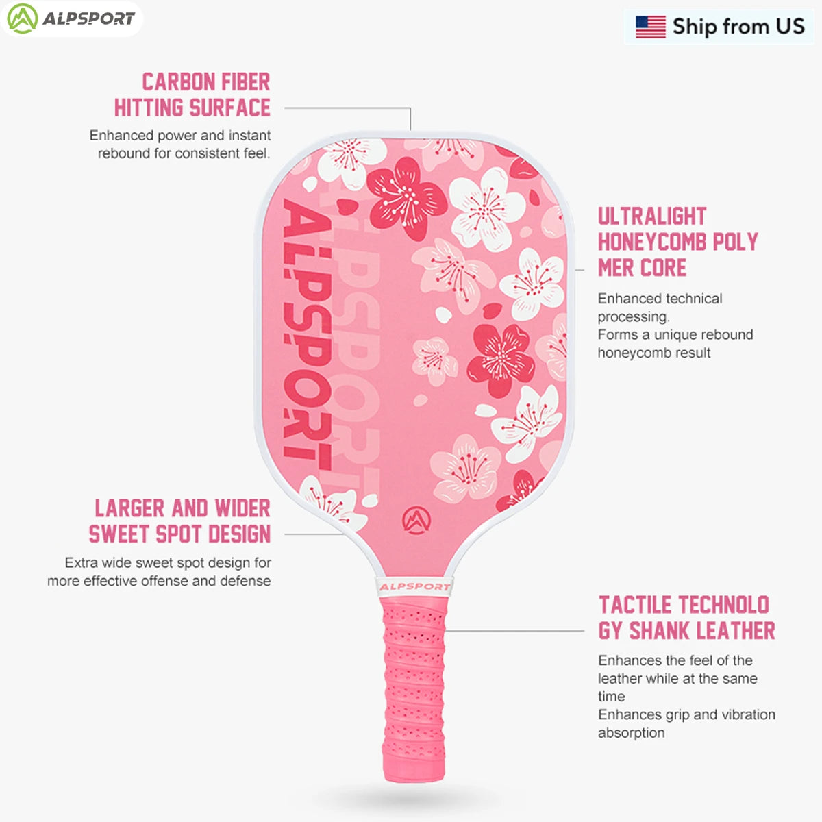 ALPSPORT Sakura USAPA Pickleball Paddle Women's T700 With 2 Free Balls Carbon Fiber Beginner-Friendly