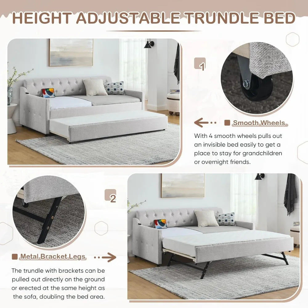 Antetek Twin-to-King Size Daybed with Pop Up Trundle, Modern Button Tufted Linen Upholstered Sofa Bed Frame