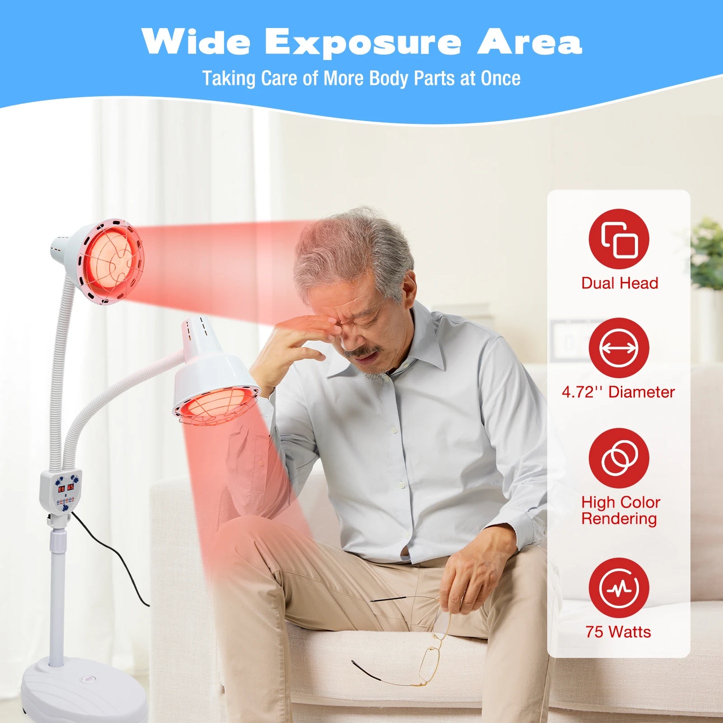 Double head Electric Infrared Therapy Lamp, 360°, Adjustable, Temperature Heat Lamp, 6 Universal Wheels