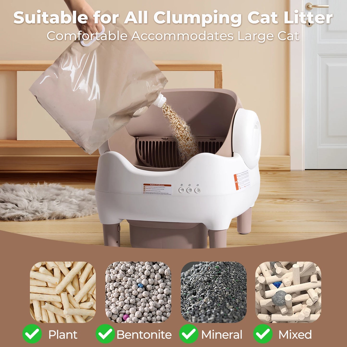 Open-Top Self Cleaning Litter Box, Automatic, APP Control, Odor-Free Large Waste Bin