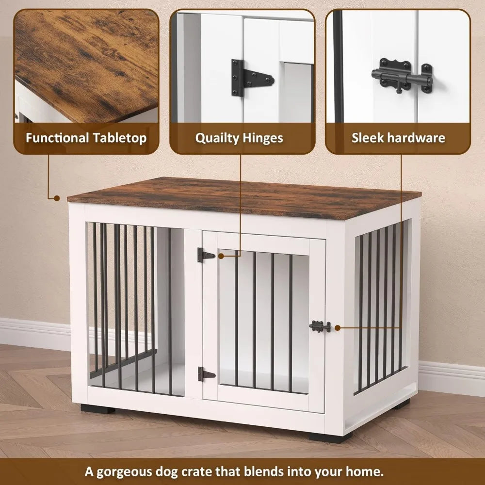 Dog Crate Furniture for Large Dogs Up to 60 lbs. - Farmhouse Table Top & Steel Bars - 37'' Wide