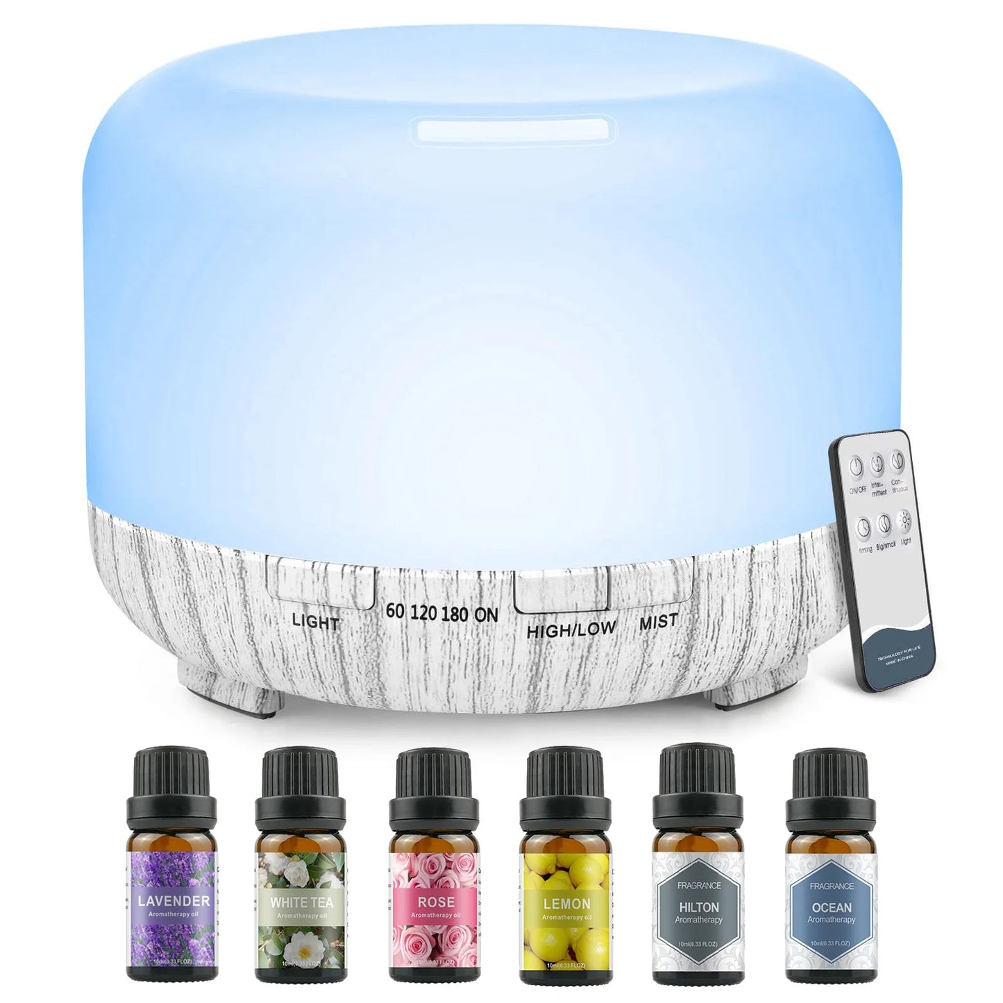 500ML Aromatherapy Oil Diffuser, 6 Bottle 10ML Essential Oil Set (Lavender/Rose/Jasmine/Lemon/Hilton/Ocean)