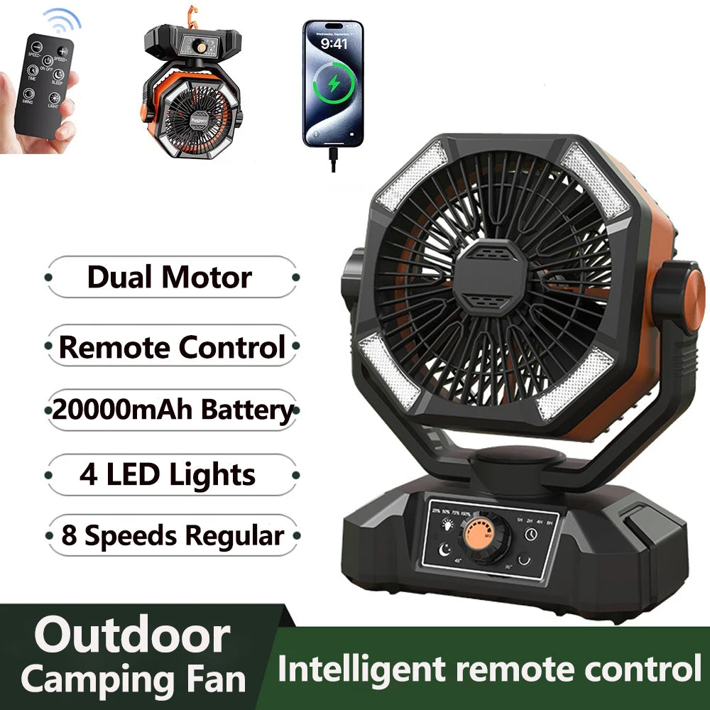 20000mAh Battery Outdoor/Indoor Camping Fan, 4 LED Lantern, 8 Speeds, Portable, Desk/Tent/RV