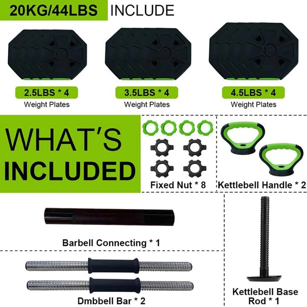 4-in-1, 44 lbs Adjustable Dumbbell Set, Iron Handle Used as Kettlebell, Barbell, Push-Up-Stand for Home Gym, Octagon