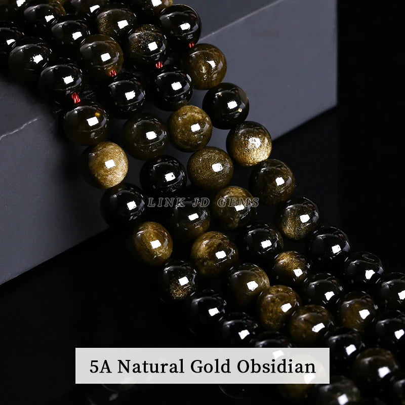 Natural Stone, Golden Black Obsidian Bead, Shinny Round Loose Gemstone, Jewelry Making