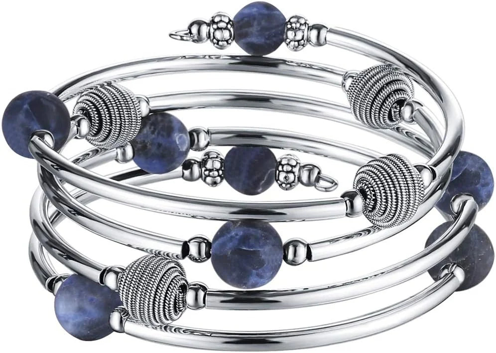 Beaded Chakra Bangle Turquoise Bracelet , Thick Silver Metal and Mala Beads
