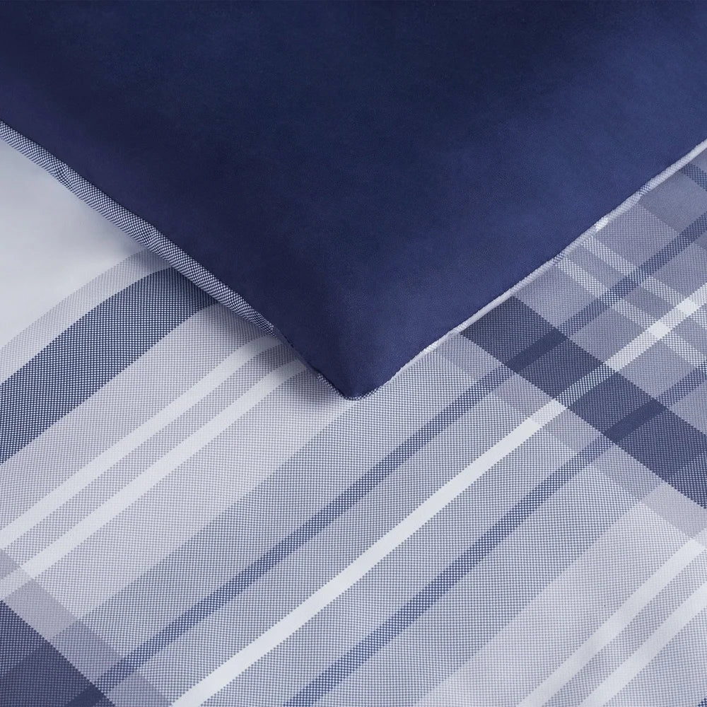 7-Piece Full Bedding Set, Antimicrobial, Stain Resistant, Hypoallergenic Polyester, Blue Plaid Bed-in-a-Bag Comforter Sheet