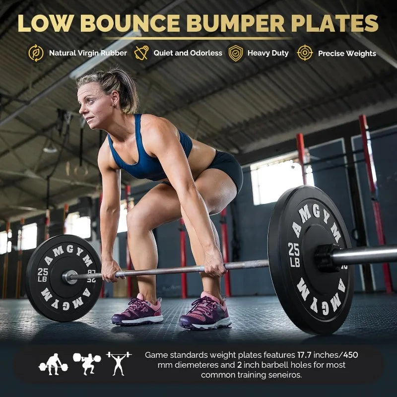 Free Weights, Steel Bumper Plates, Rubber Coated, 2 Inch Barbell Sets, Strength Training & Weight Lifting