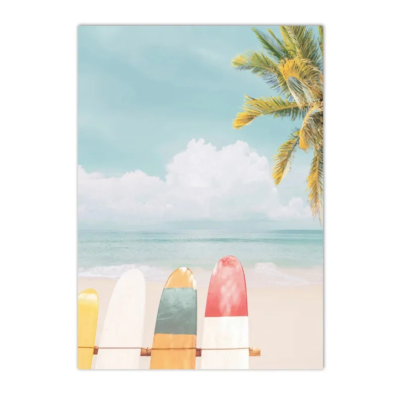 Summer Sea Beach, Coconut Tree, Surfboard Posters And Prints, Seagull Swan Wall Art, Canvas Painting