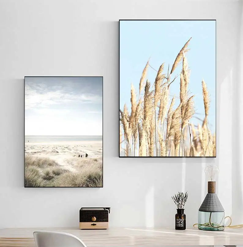 Beach Sea Ocean Canvas Wall Art Poster, Bridge Leaves Turtle Seagull Print Painting, Vibrant Summer Picture