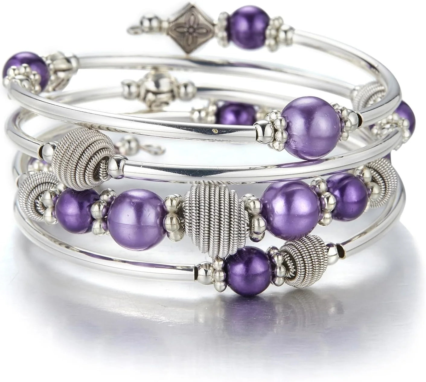 Beaded Chakra Bangle Turquoise Bracelet , Thick Silver Metal and Mala Beads