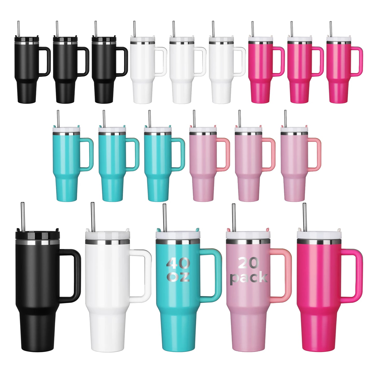 20 Pack, 40 OZ Insulated Tumbler, Detachable Handle, Lid, Straw, Mixed Color, Laser Engraved