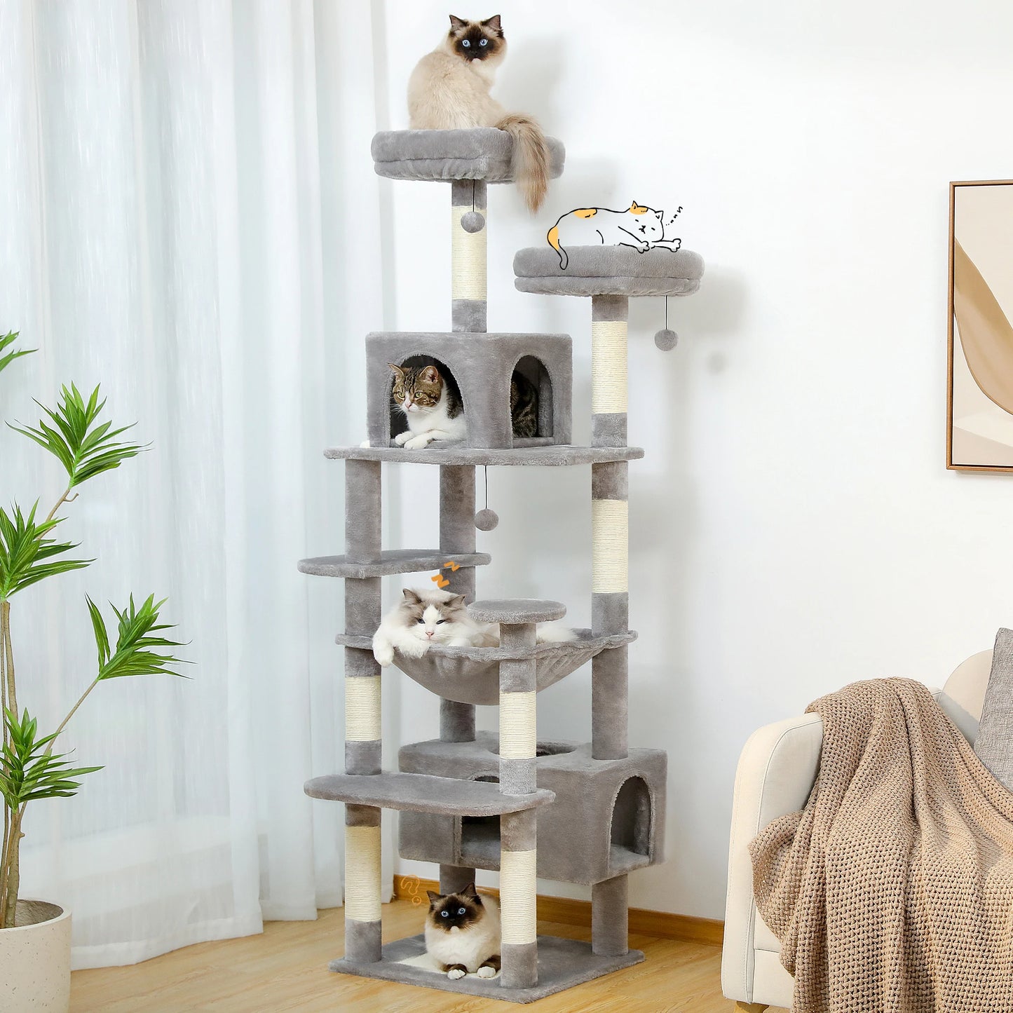 Large Cat Tree/Tower, Indoor, Sisal-Covered Scratching Posts, Spacious Hammock, Padded Perches
