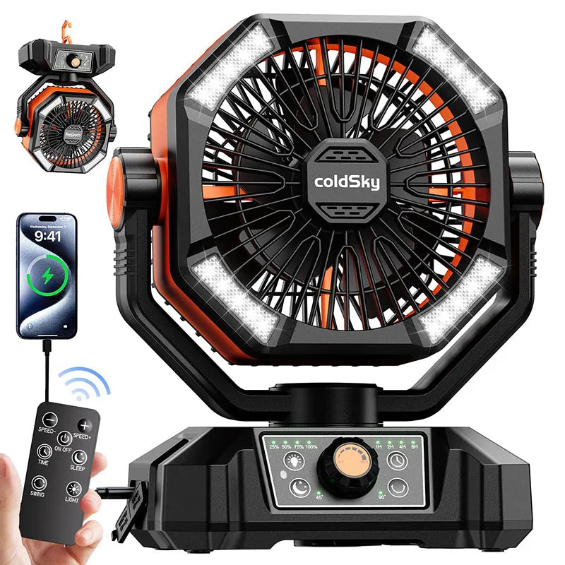 20000mAh Battery Outdoor/Indoor Camping Fan, 4 LED Lantern, 8 Speeds, Portable, Desk/Tent/RV