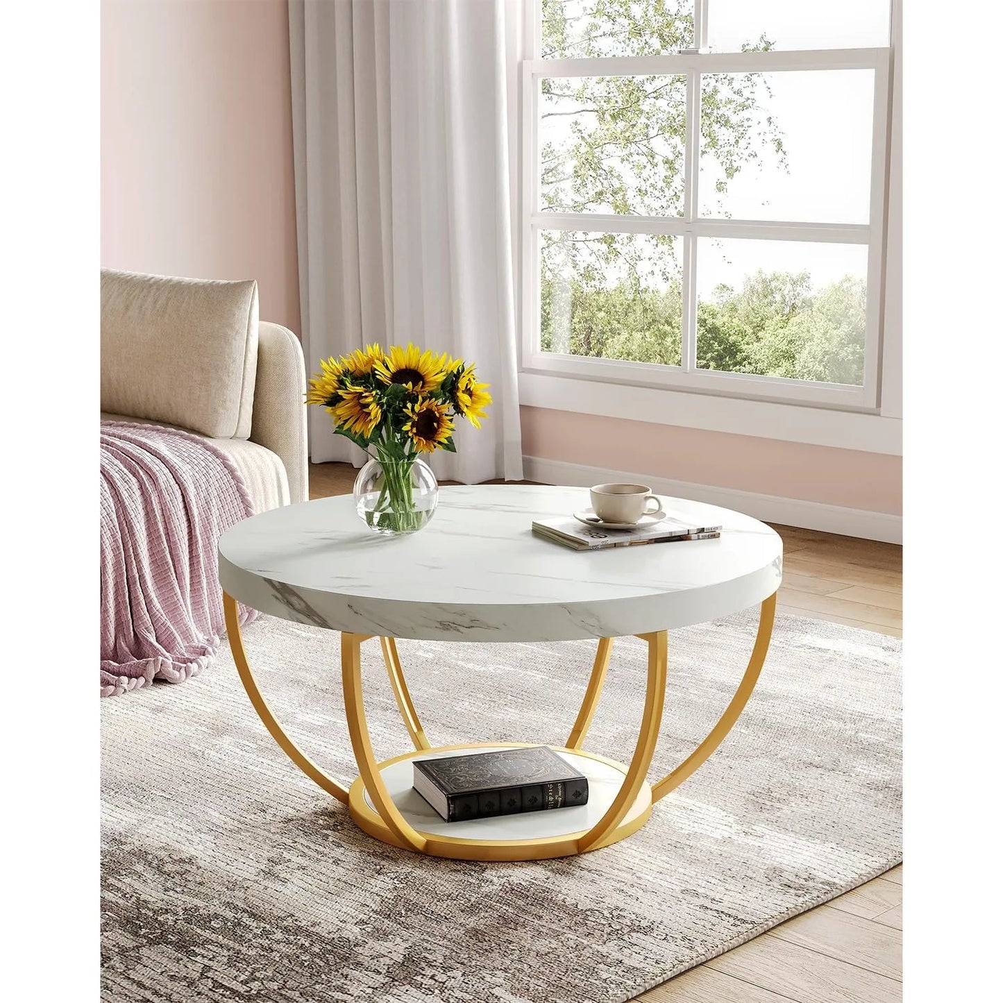32" Circle Marble Coffee Table, 2-Tier Golden Metal Legs Accent Center Table