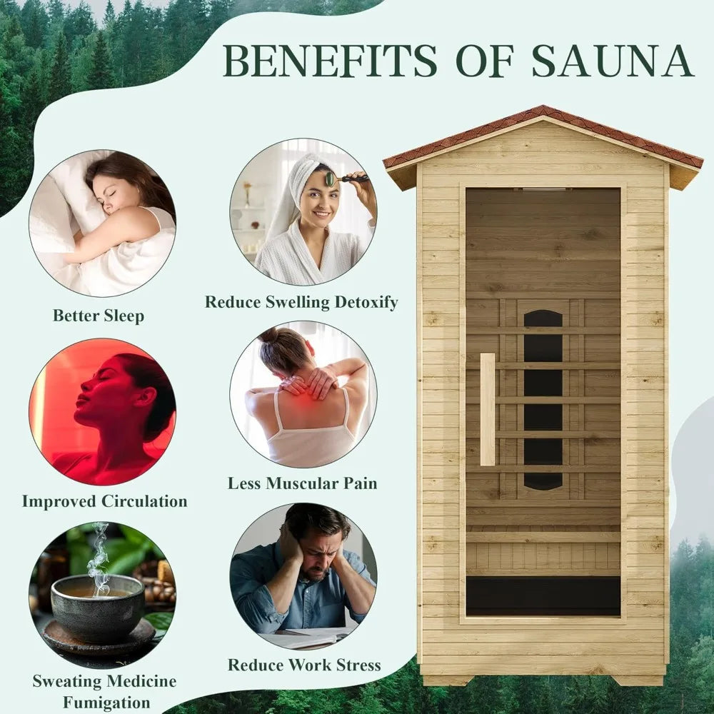 1-Person Outdoor Infrared Wooden Sauna, 3-D Fast Heating Home Spa, Chromotherapy Light