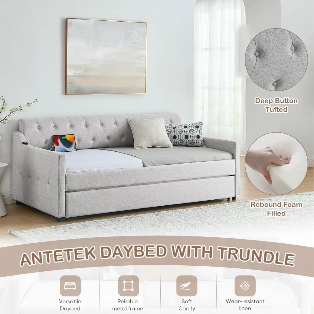 Antetek Twin-to-King Size Daybed with Pop Up Trundle, Modern Button Tufted Linen Upholstered Sofa Bed Frame