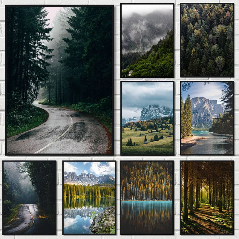 Beautiful Dark Green Forest, Foggy Mountain Landscape, Nature Scenery Poster, Canvas Painting Wall Art Pictures