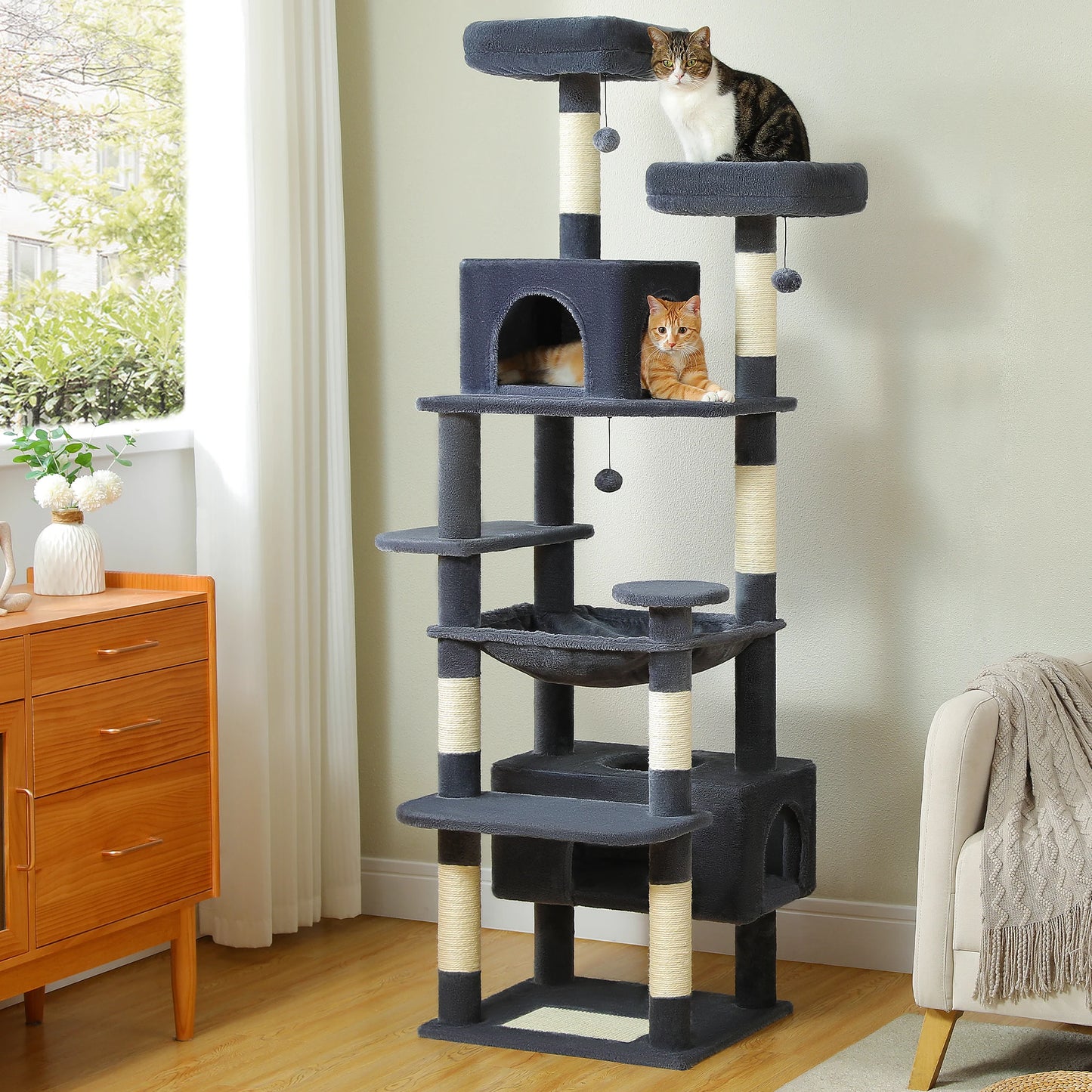 Tree Tower for Indoor Cats, Sisal-Covered Scratching Posts, Spacious Hammock, Padded Perches