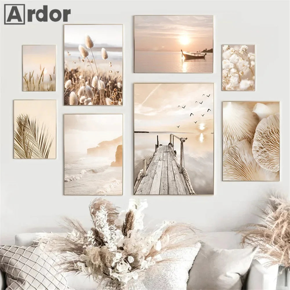 Sunset Sea Lake Boat Bridge Canvas Painting, Seagull Beach Poster, Beige Leaf Reed Wall Art Print