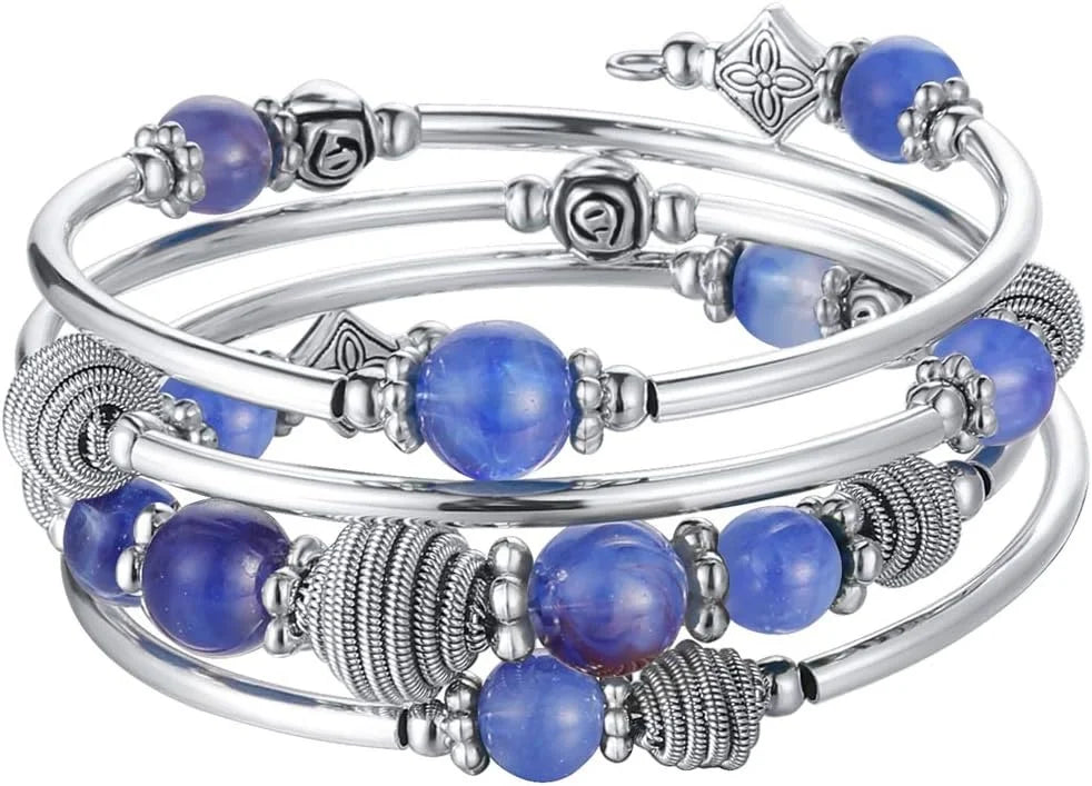 Beaded Chakra Bangle Turquoise Bracelet , Thick Silver Metal and Mala Beads