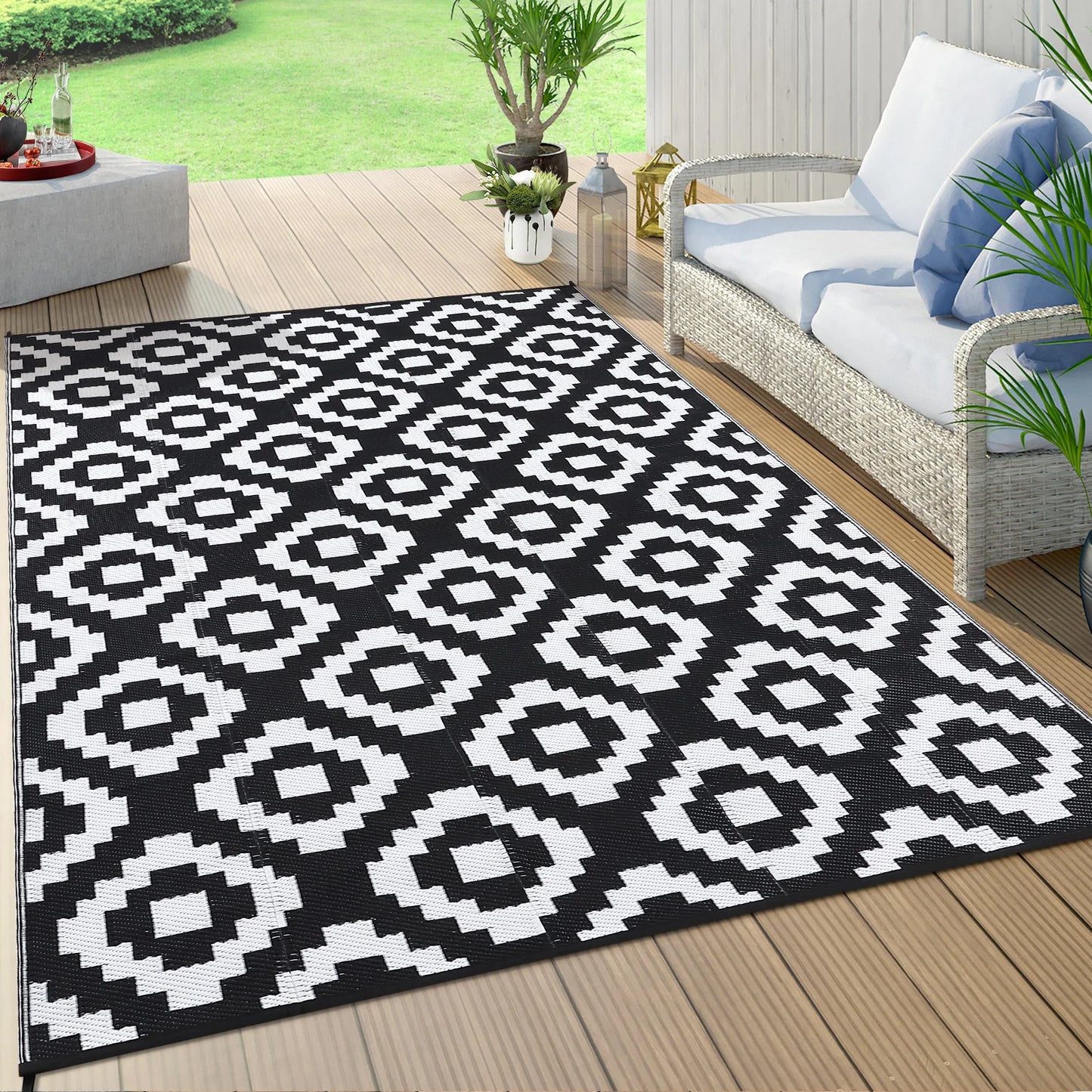 Outdoor, Plastic Straw Rug, Modern Geometric, Waterproof, Reversible Floor Mat