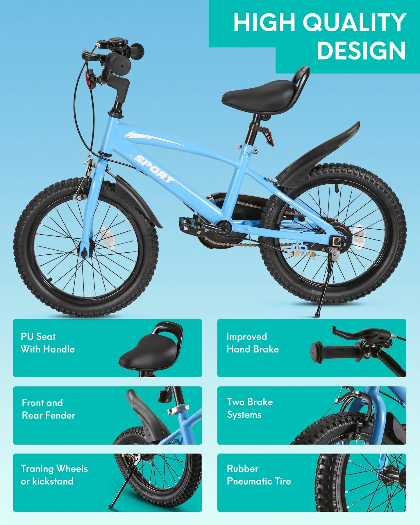 16 Inch Kids Bike, Training Wheels & Kickstand, Dual Handbrake, Adjustable Handlebar & Saddle