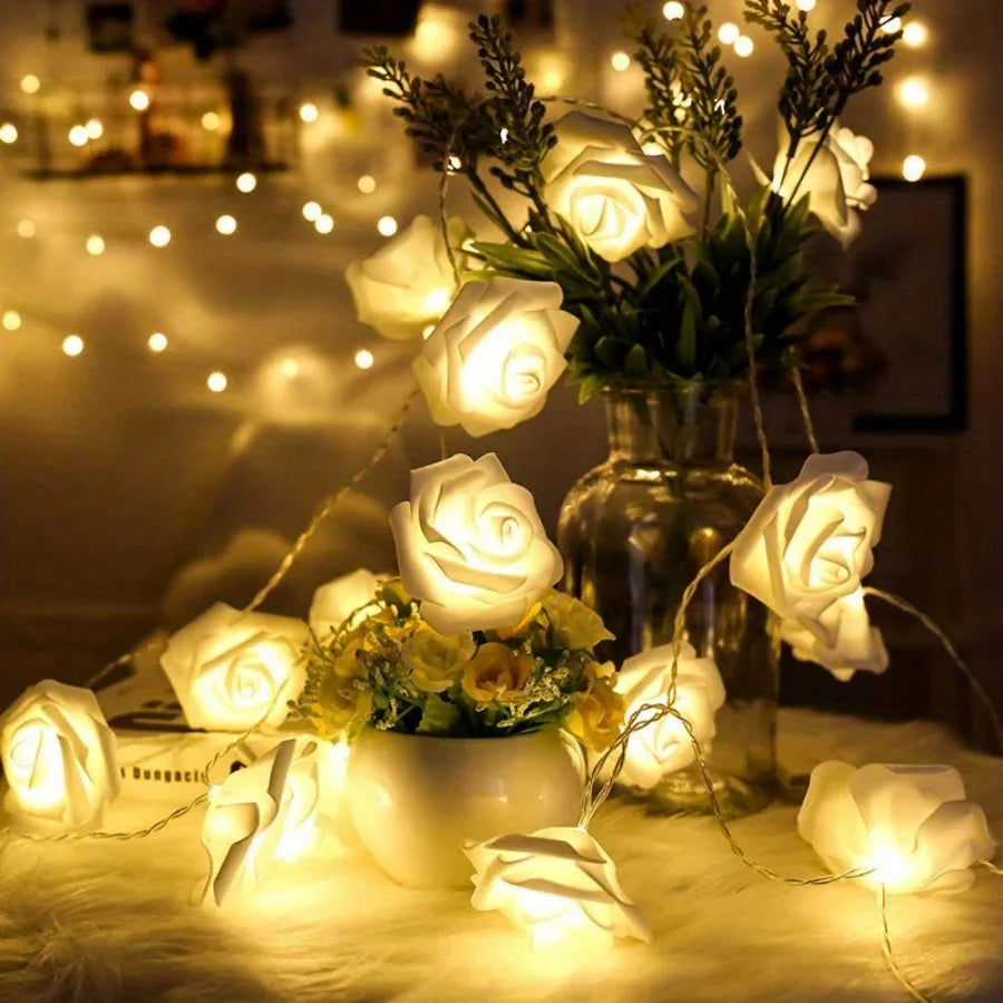 LED Flower String Lights, Artificial Rose Bouquet, Romantic Lamp, Fairy Light Garland