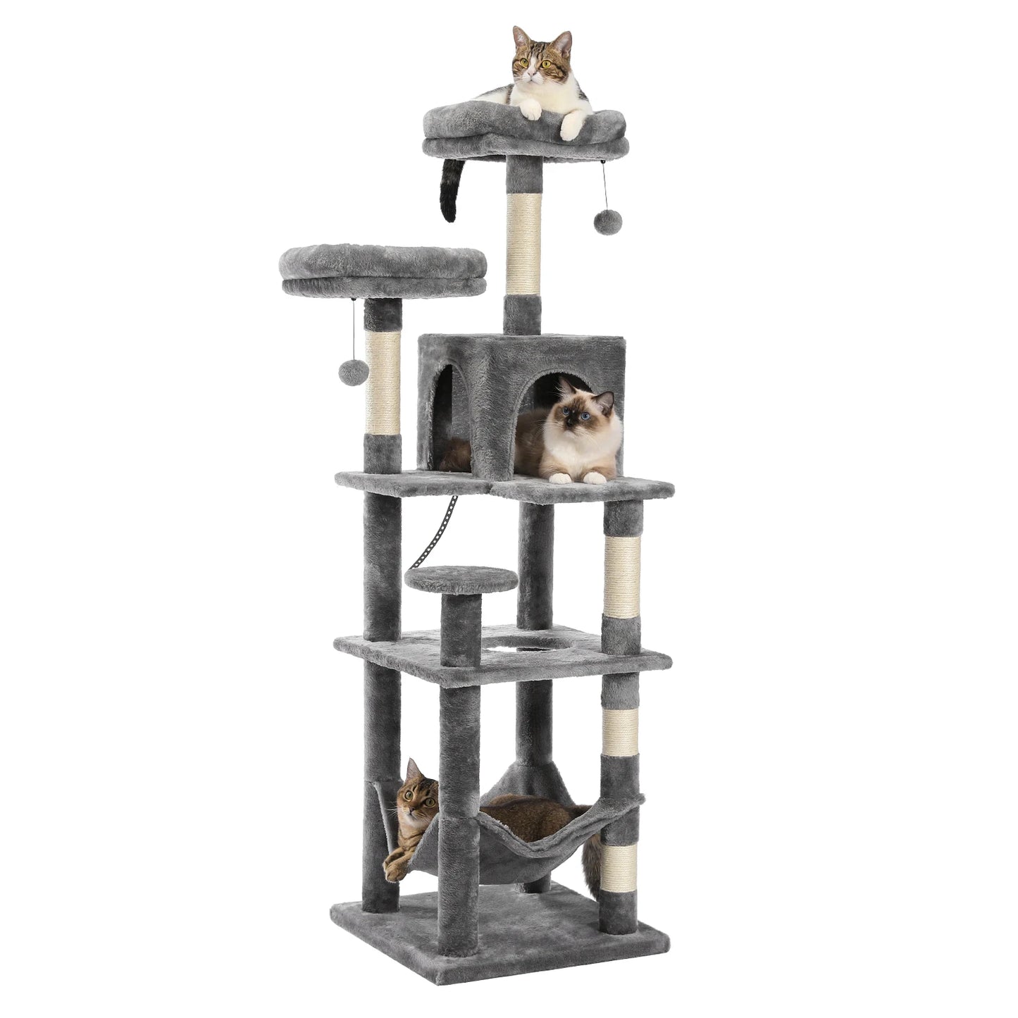 Tall Cat Tower for Indoor Cats, Multi-Level Plush Condo with Scratching Posts, Perches, Caves