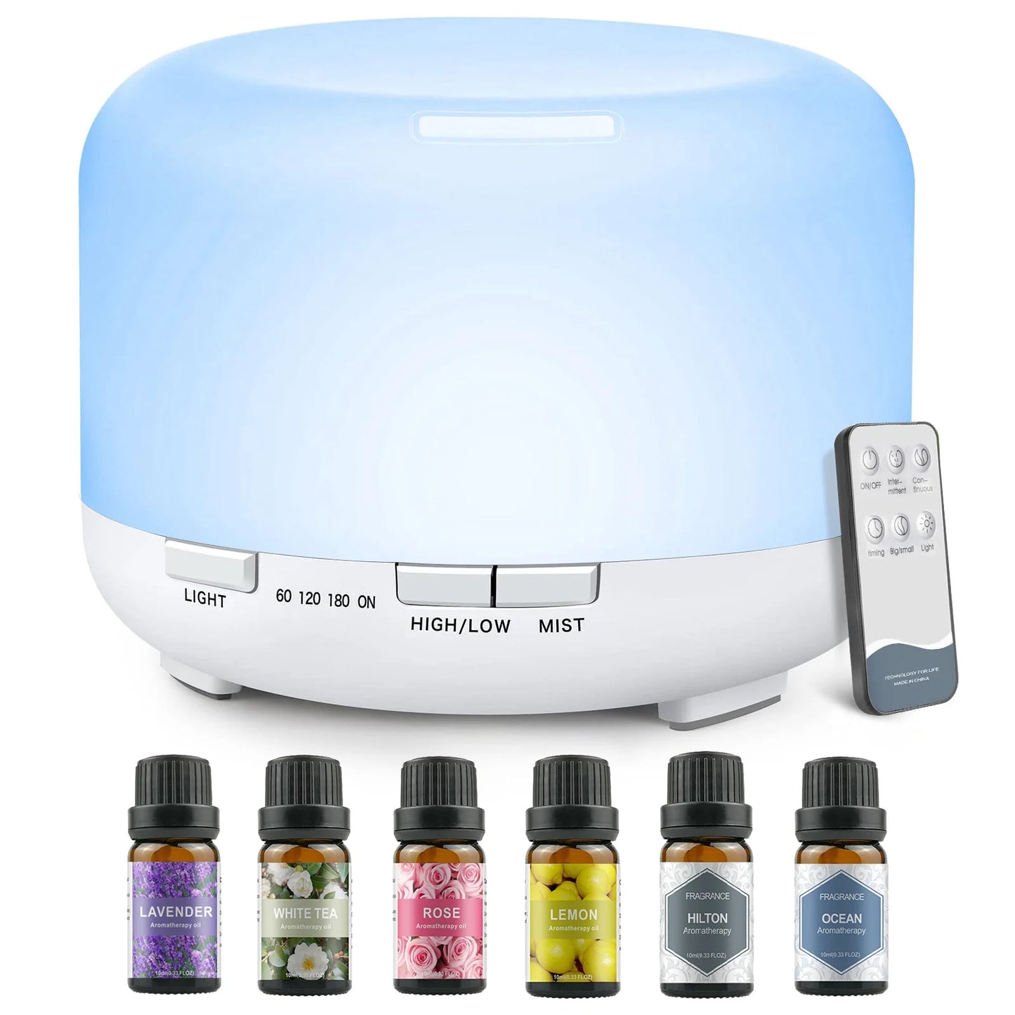 500ML Aromatherapy Oil Diffuser, 6 Bottle 10ML Essential Oil Set (Lavender/Rose/Jasmine/Lemon/Hilton/Ocean)