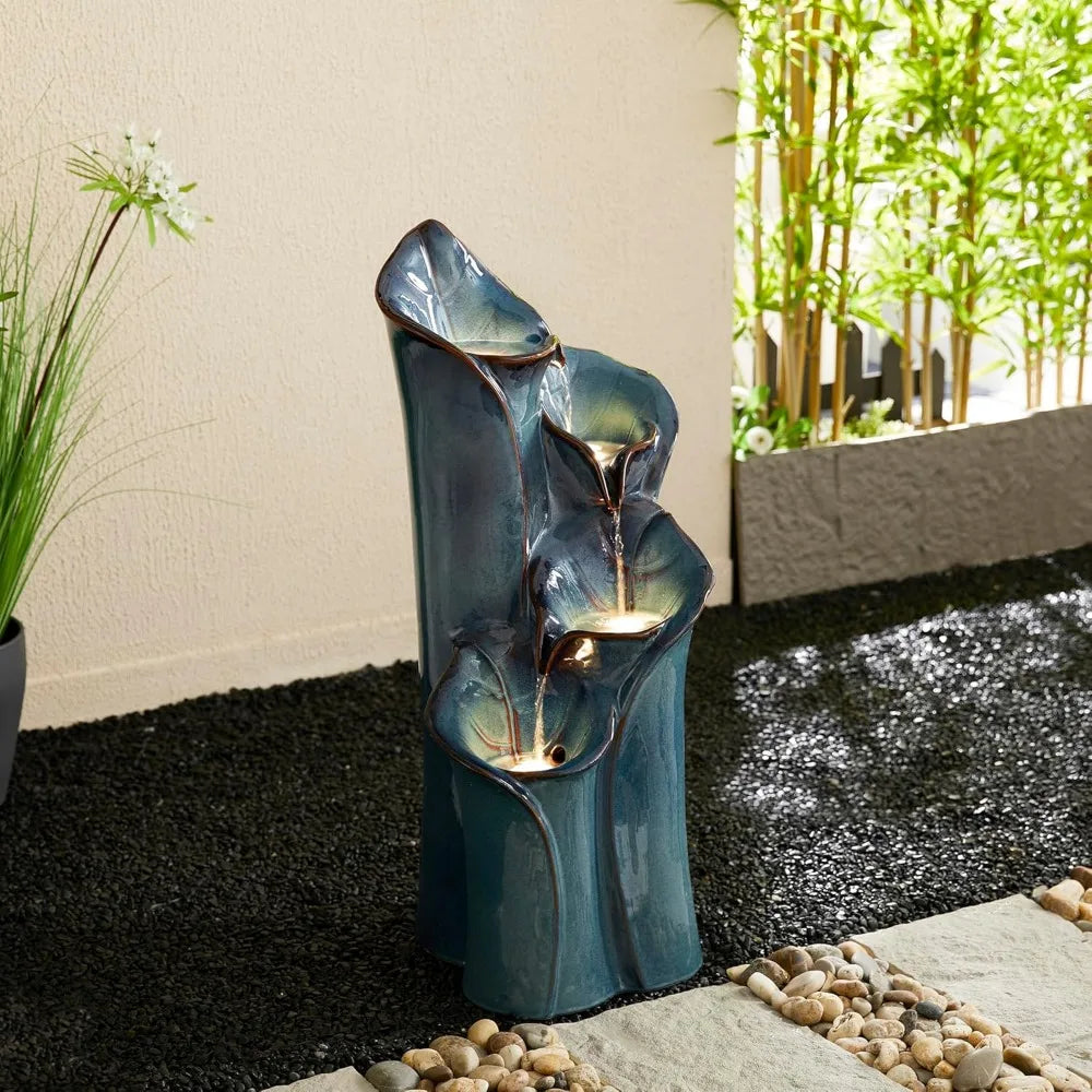 Outdoor Fountain With LED Lights, Water Pump, 4-storey Ceramic Floor, Waterfall Courtyard Vase
