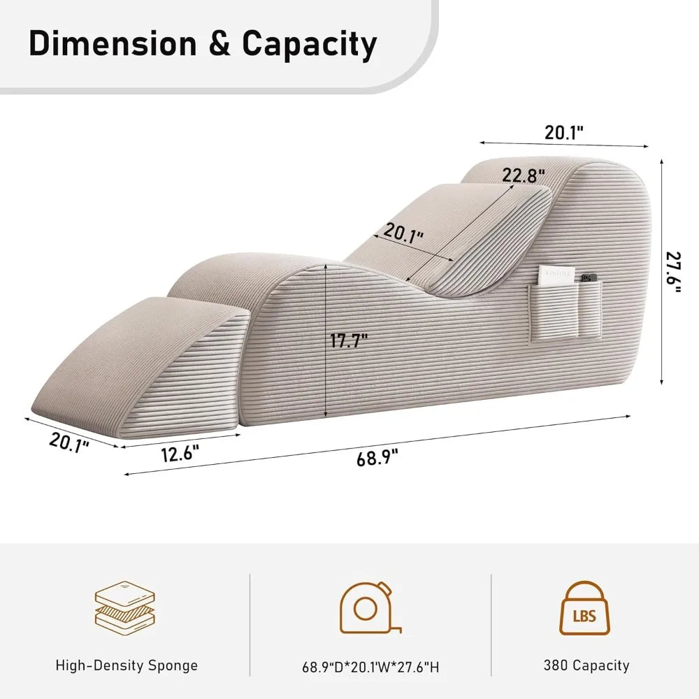 Yoga Chairs for Adults, Ergonomic Chaise Lounge Chair, Side Pocket, Lumbar Pillow, Ottoman
