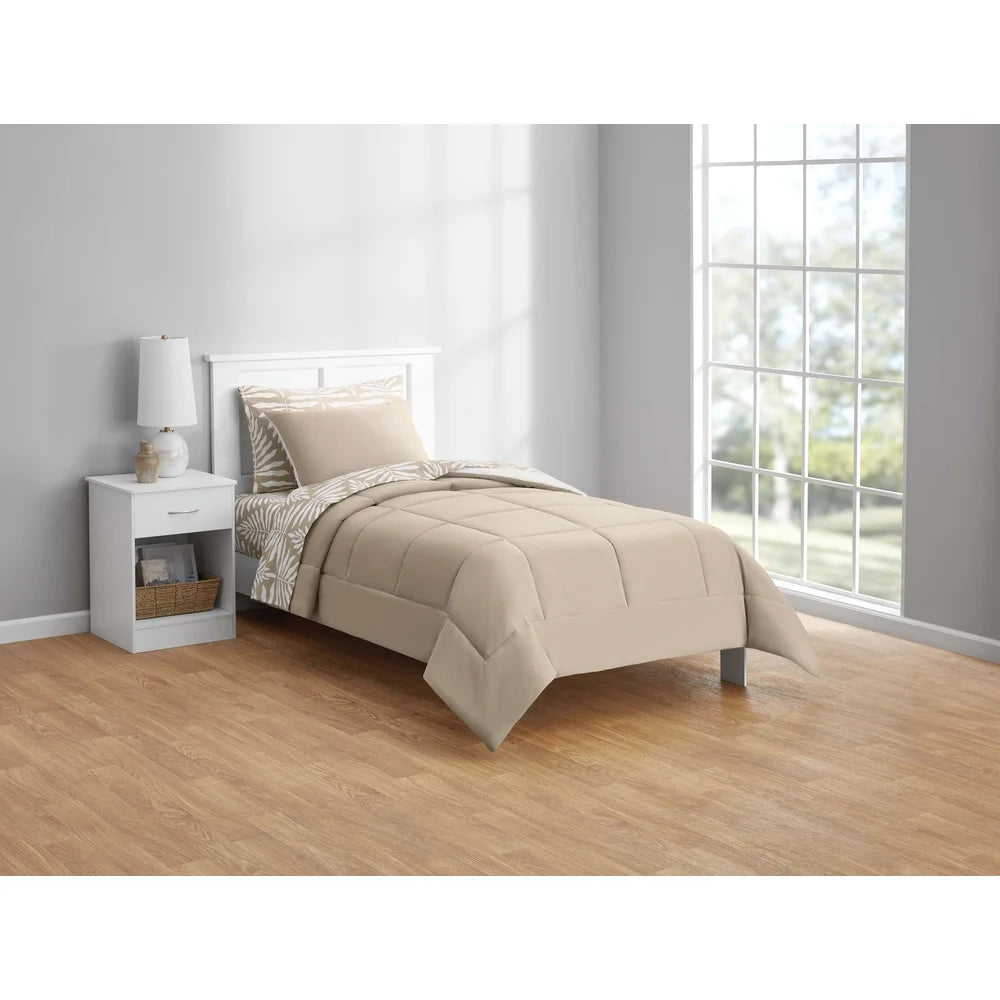 5 Piece Reversible Comforter Set, Sheets Twin XL, Beige Palm Print, Soft Fabric, Machine Washable