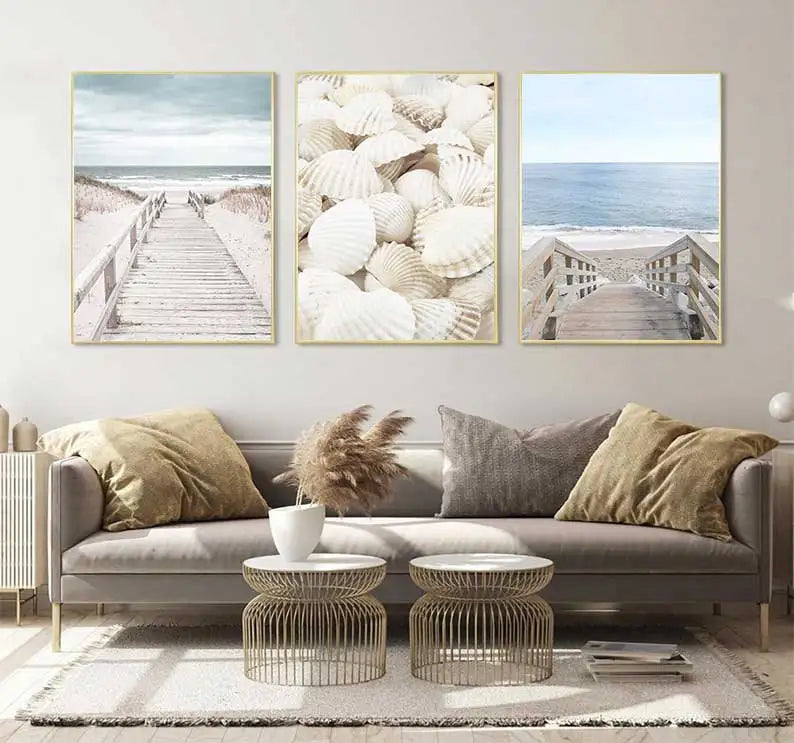 Beach Sea Ocean Canvas Wall Art Poster, Bridge Leaves Turtle Seagull Print Painting, Vibrant Summer Picture