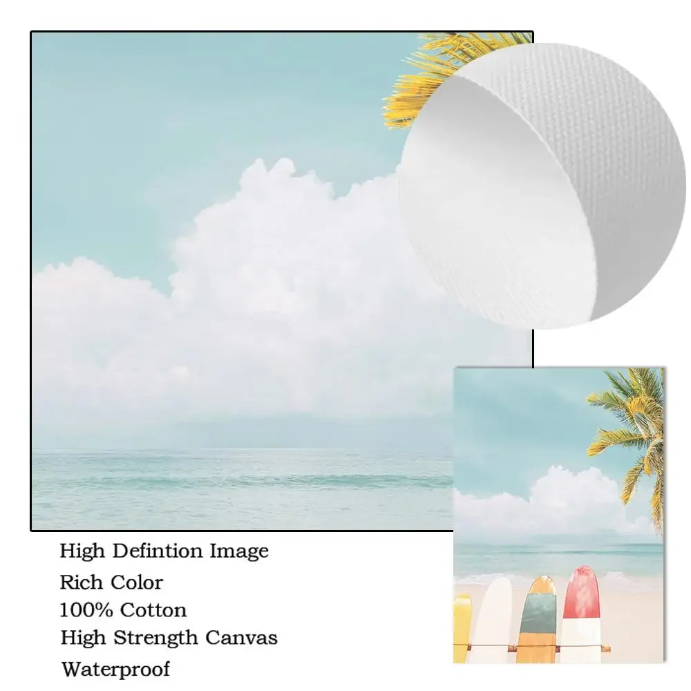 Summer Sea Beach, Coconut Tree, Surfboard Posters And Prints, Seagull Swan Wall Art, Canvas Painting