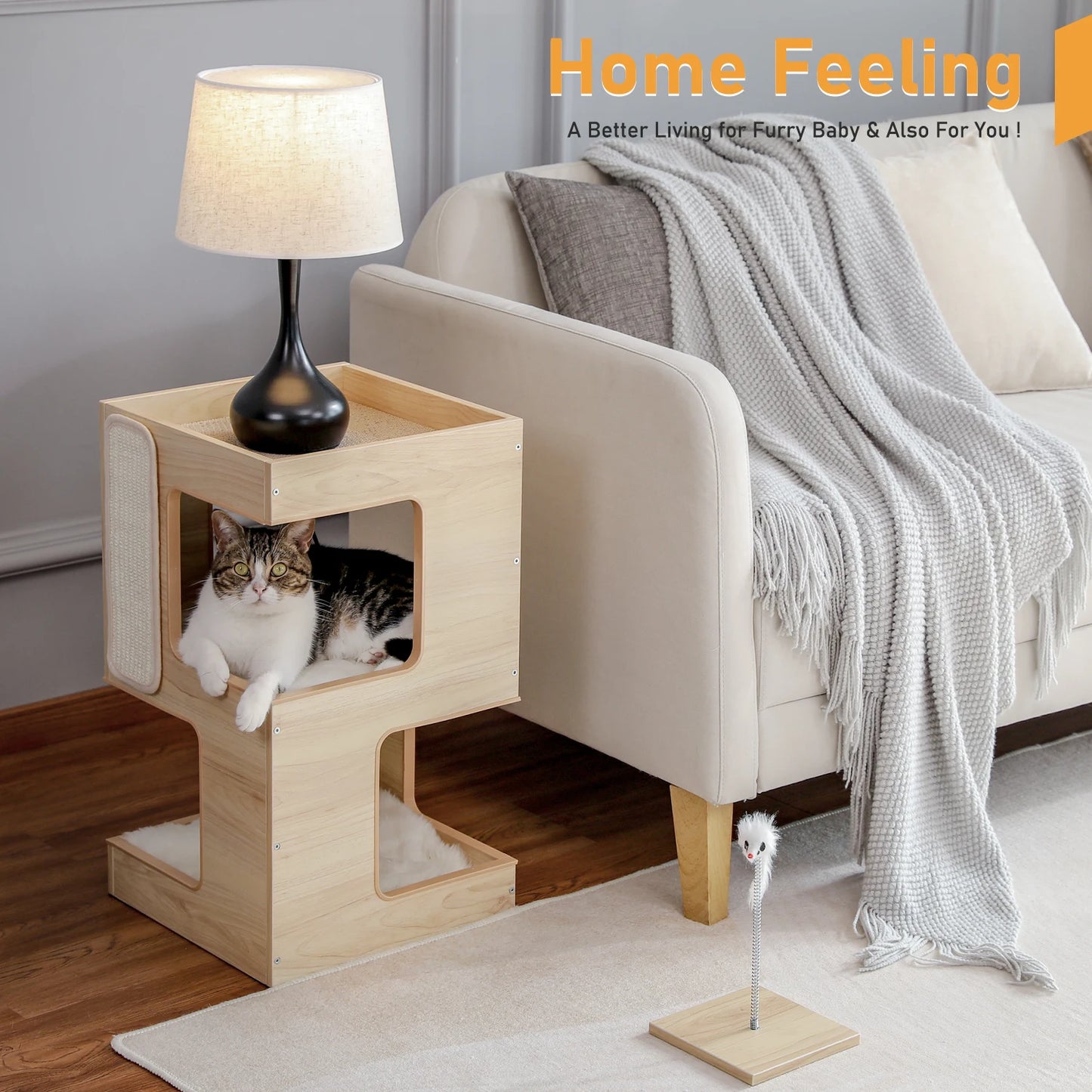 Cat Bed with Two Large Condos, Detachable Scratching Pad, Wooden with Plush Mats
