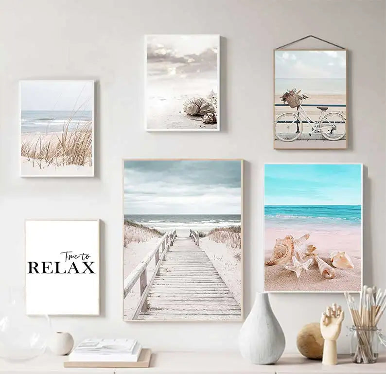 Beach Sea Ocean Canvas Wall Art Poster, Bridge Leaves Turtle Seagull Print Painting, Vibrant Summer Picture