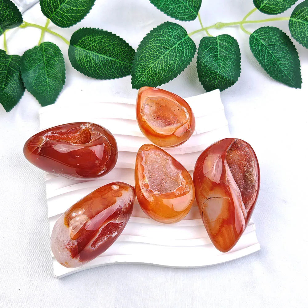 Natural Carnelian Geode Egg Gemstone, Red Agate Mineral Cavern Design