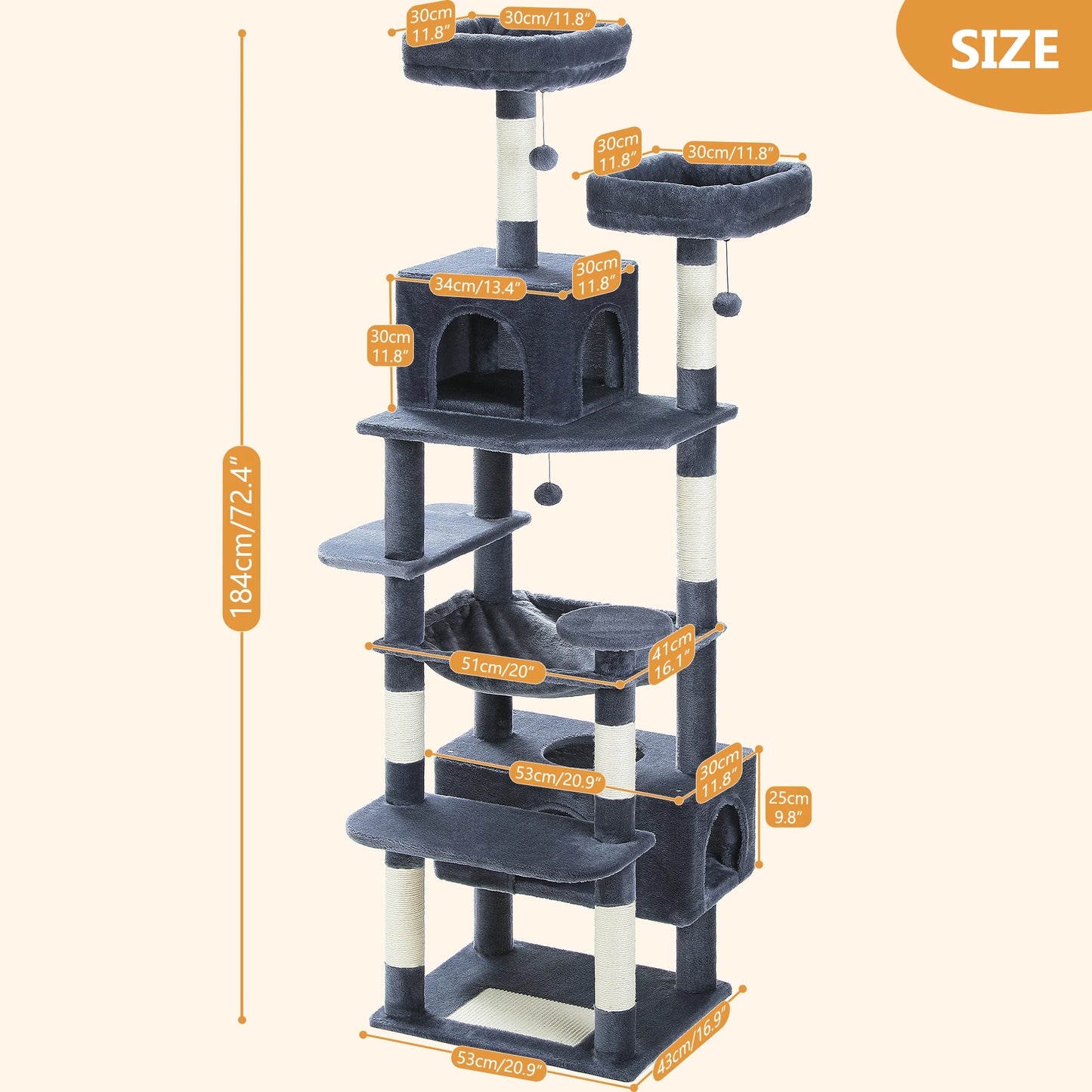 Tree Tower for Indoor Cats, Sisal-Covered Scratching Posts, Spacious Hammock, Padded Perches