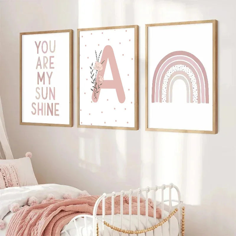 Pink Butterfly Wall Art Nursery, Canvas Prints, Painting, Sun/Rainbow/Daisy/Heart Posters