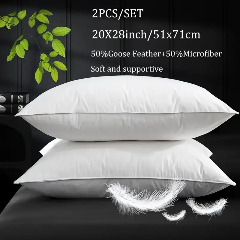 2pcs/Set 50% Goose Feathers Down Pillows, White, Queen, Breathable