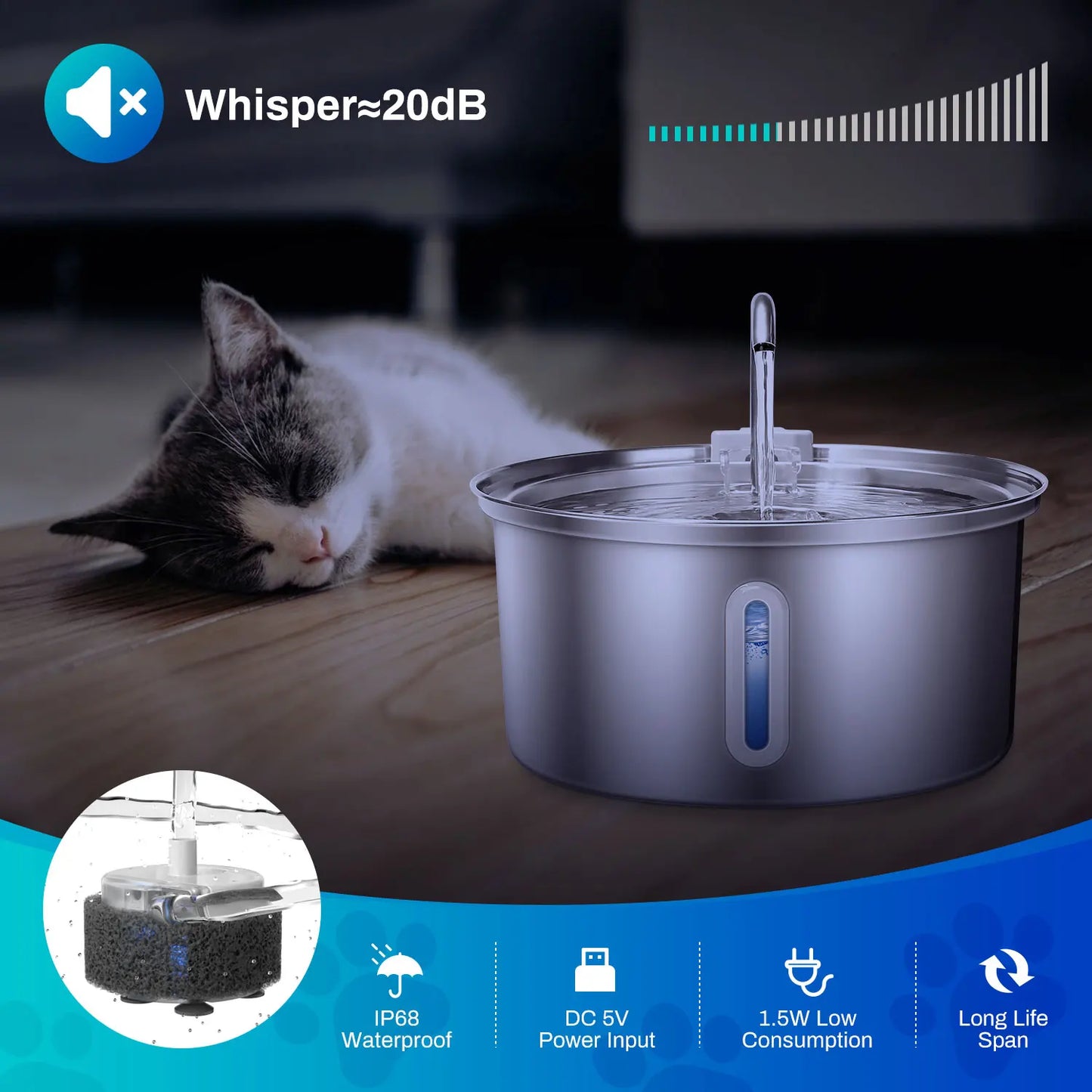 Water Fountain Stainless Steel, 108oz/3.2L, Ultra Quiet Pump, Filtration System, Water Level Window