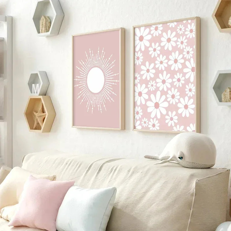 Pink Butterfly Wall Art Nursery, Canvas Prints, Painting, Sun/Rainbow/Daisy/Heart Posters