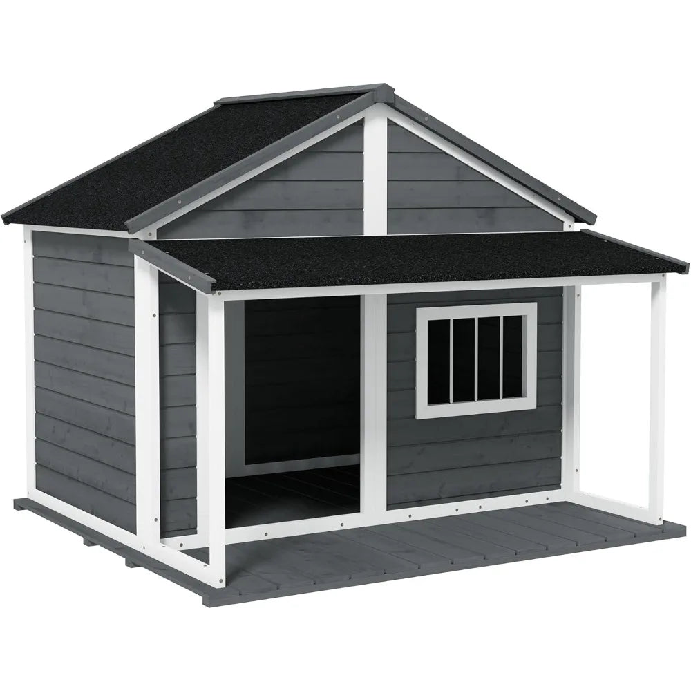 Outdoor Dog House Cabin Style, Wooden Raised Pet Kennel with Asphalt Roof, Front Door, Side Window, Porch for Medium and Large Dogs