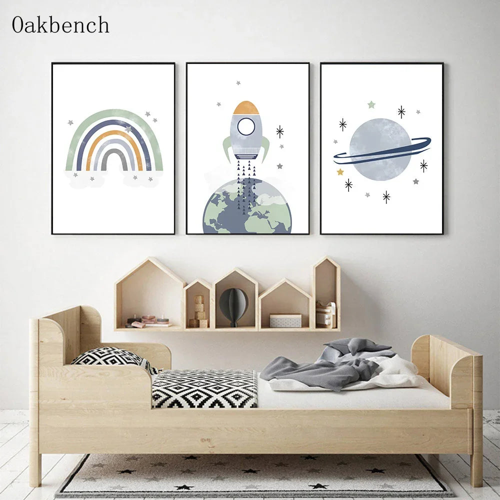 Blue Planet Art Painting, Spaceship, Star Moon Wall Pictures, Rainbow Nursery Wall Posters