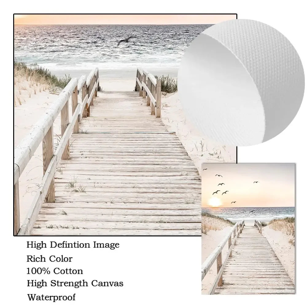 Sunset Sea Lake Boat Bridge Canvas Painting, Seagull Beach Poster, Beige Leaf Reed Wall Art Print