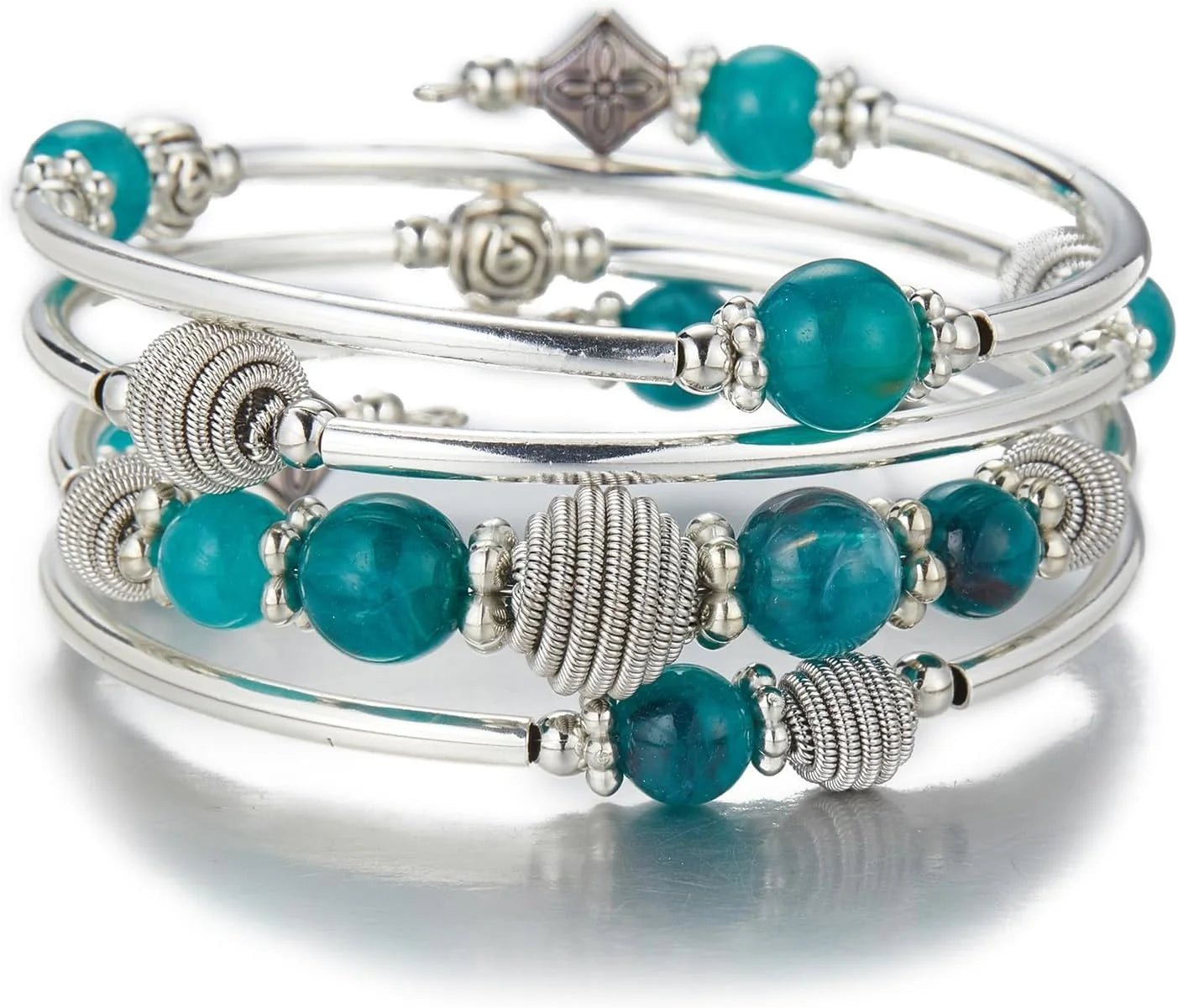 Beaded Chakra Bangle Turquoise Bracelet , Thick Silver Metal and Mala Beads