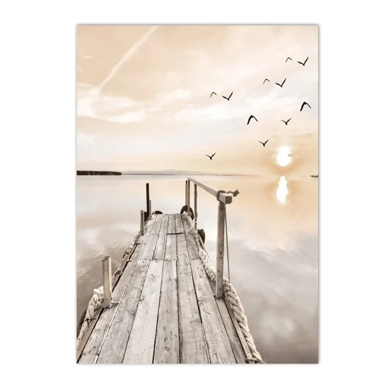 Sunset Sea Lake Boat Bridge Canvas Painting, Seagull Beach Poster, Beige Leaf Reed Wall Art Print